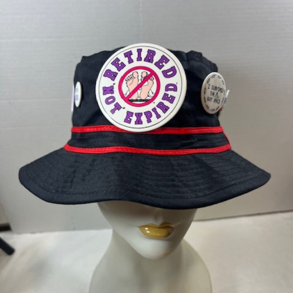 VTG Black "Retired but Rehired" Black Retirement Cotton Pail Hat 7 Pins XL